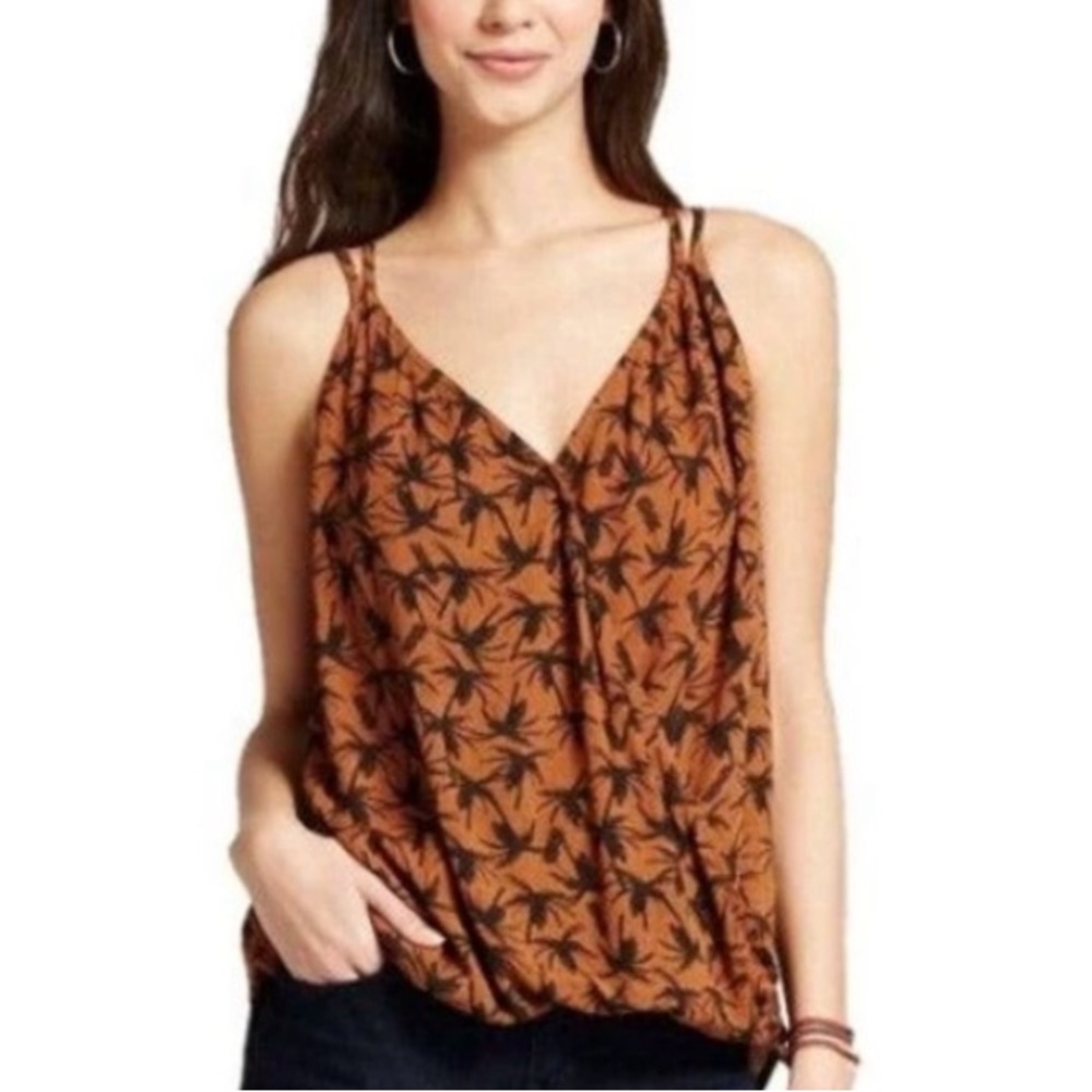 Mossimo Tropical Tank Sleeveless Top Brown Palm Trees Draping High Low | Size S
